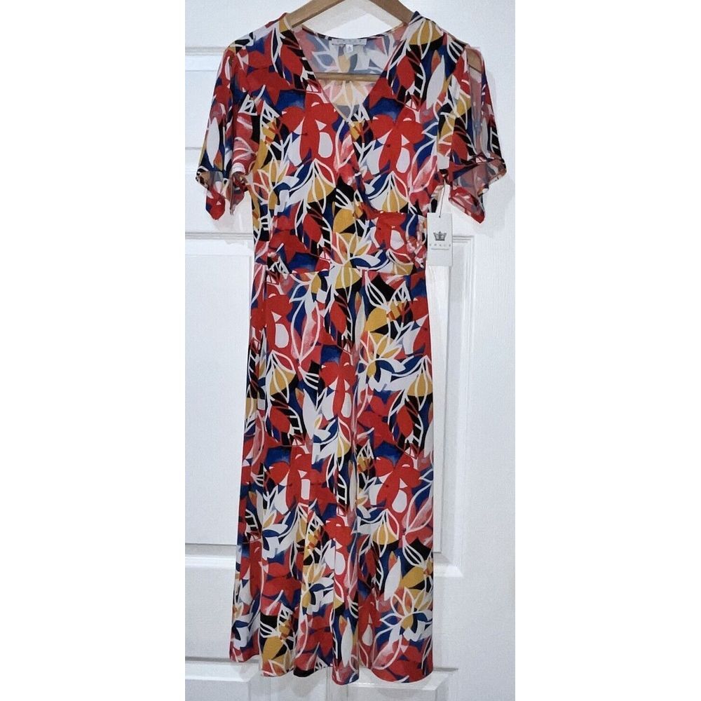 Chauss Women Red Floral Faux Wrap Cottage Dress Small 4-6 Spring Casual Office‎